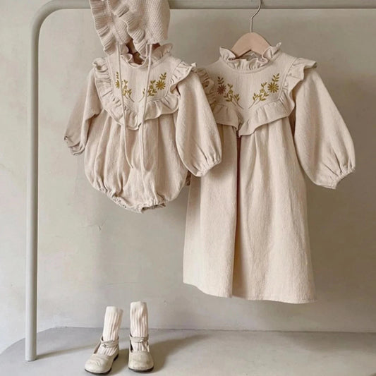 Floral Embroidery Frilled Sisters Outfit - Romper