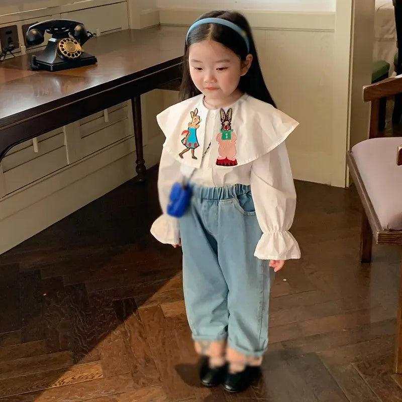 Rabbit Embroidered Big Lapel Blouse